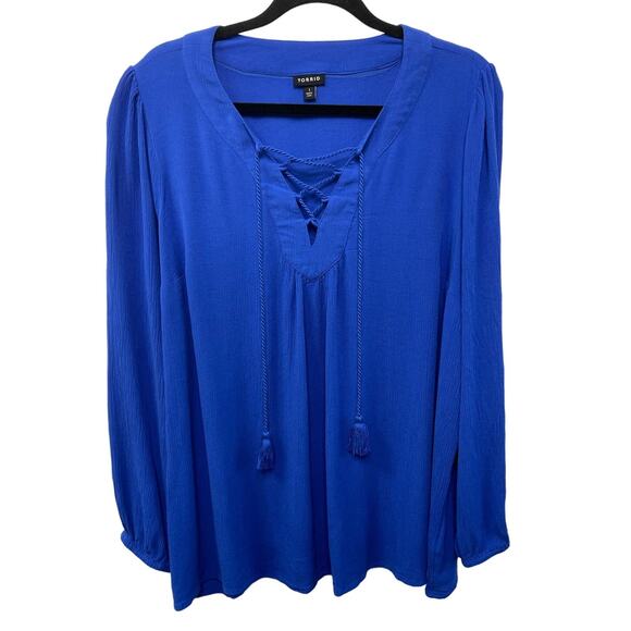 Torrid Long Sleeve Front Lace Up Tassel Blouse Blue Crinkle Gauze 1X Boho Plus - Picture 1 of 8